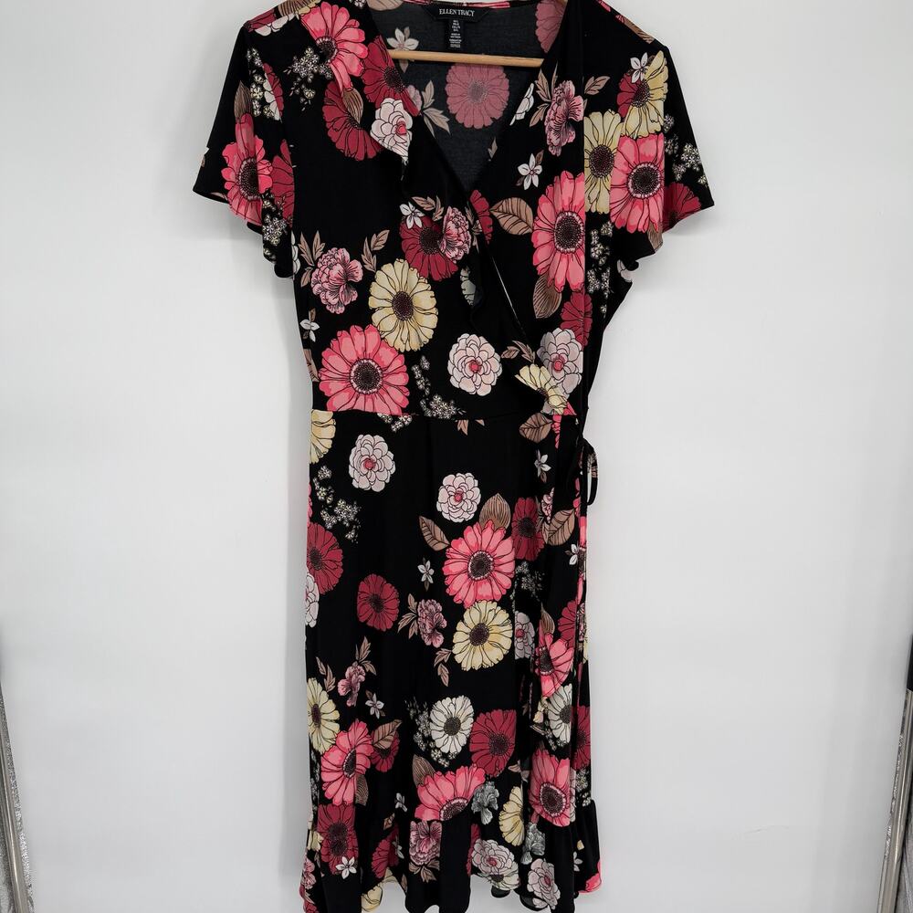 Ellen Tracy Dress Women Large Faux Wrap Dark Floral Whimsigoth Feminine Romantic